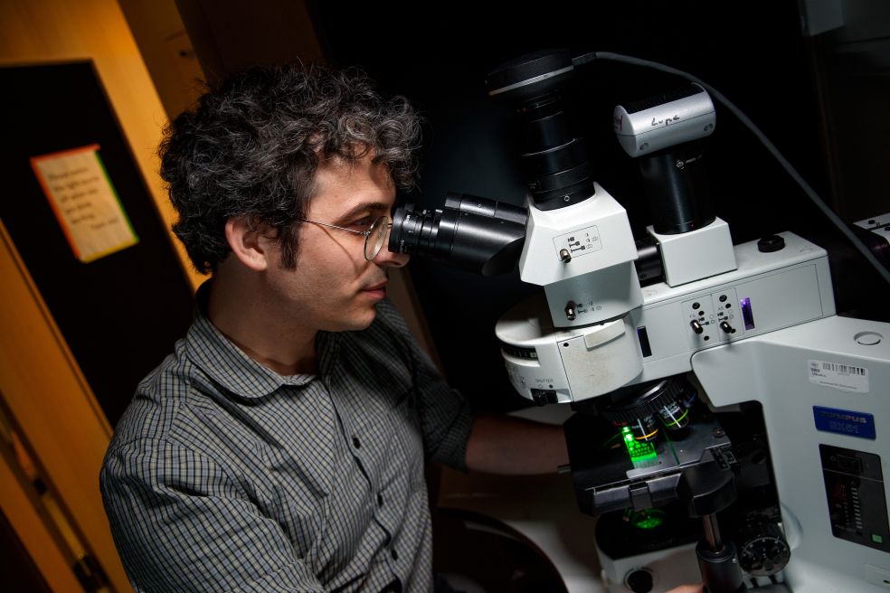 En person med glasögon använder ett mikroskop i ett dunkelt rum.