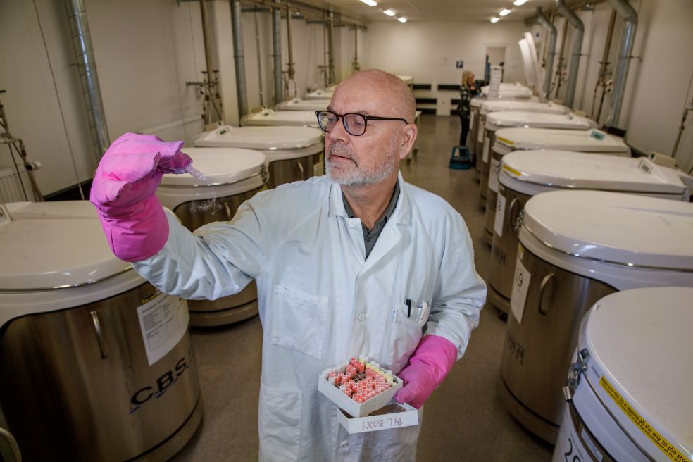 Forskare i vit dräkt och rosa handskar, står bland frysterar med provrör.