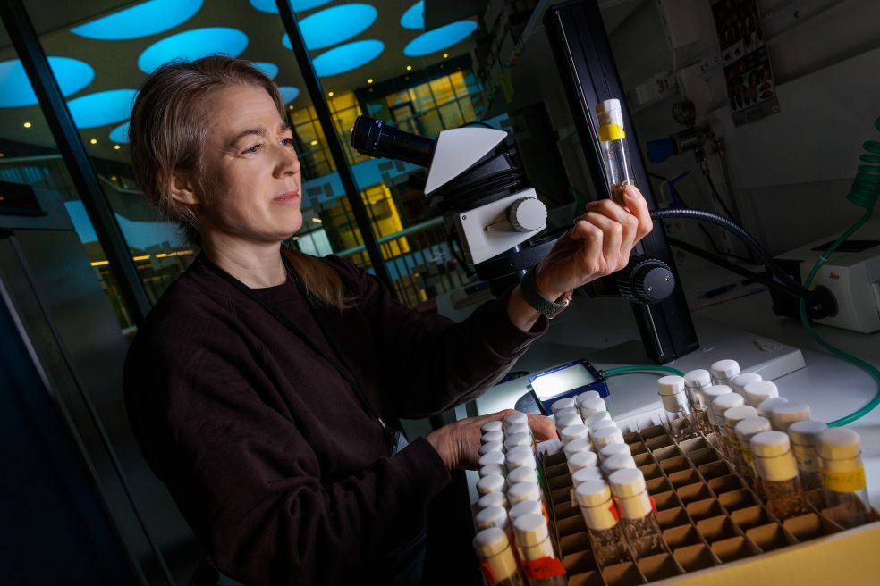 Kvinna i laboratorium som håller i ett provrör vid en mikroskopstation.