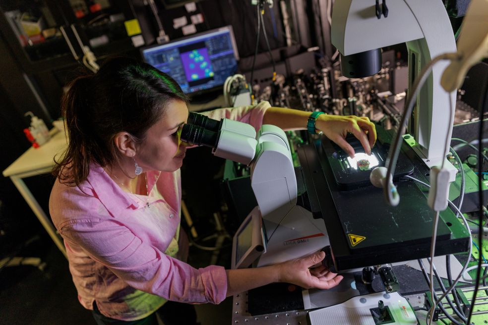 Forskare som tittar genom ett mikroskop i ett laboratorium med teknik och grön belysning.