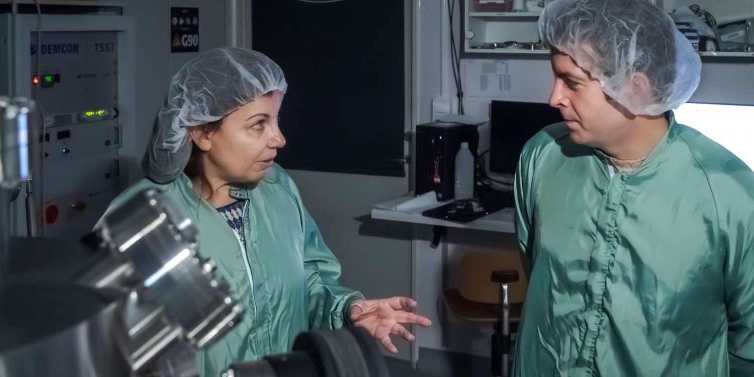 Två forskare i gröna labbrockar diskuterar i ett modernt laboratorium.