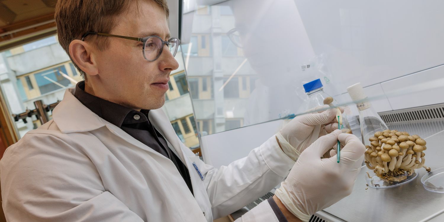 En forskare i labbrock arbetar med provrör och pipetter i ett laboratorium.