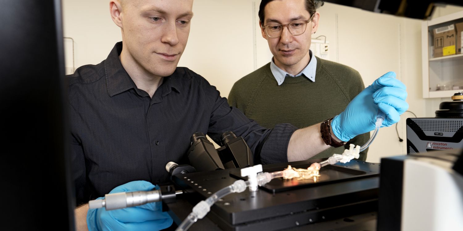 Två män i labbrockar arbetar med ett mikroskop och en pågående experimentuppställning.