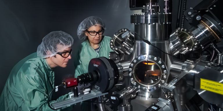 Två forskare i skyddsdräkter arbetar med en avancerad vetenskaplig apparat.