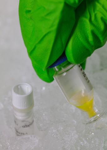 En hand med grön handske håller en provrör med gul vätska, bredvid ett tomt provrör.