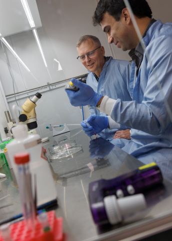 Två forskare arbetar i ett laboratorium, med mikroskop och utrustning framför sig.