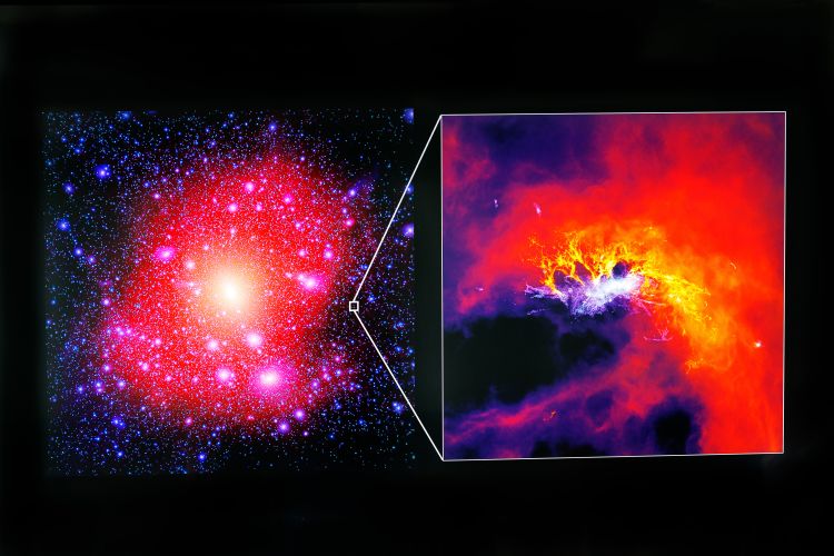 Färgglada galaxer och nebulosor i rymden med en detaljerad närbild.