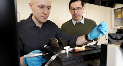 Två män i labbrockar arbetar med ett mikroskop och en pågående experimentuppställning.