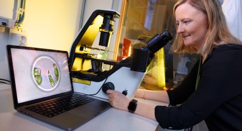 Kvinna i laboratorium som använder mikroskop och dator, leende och fokuserad.