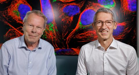 Mathias Uhlén och Jan Ellenberg framför en färgglad, mikroskopbild av celler.